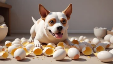 A dog sniffing a bowl of crushed eggshells.