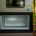 A close-up photo of a camping fridge door with water pooled at the bottom, reflecting the photographer.