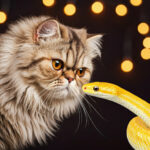 A fluffy Persian cat and a slithering yellow snake with a forked tongue, looking at each other with curiosity.