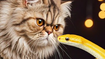 A fluffy Persian cat and a slithering yellow snake with a forked tongue, looking at each other with curiosity.