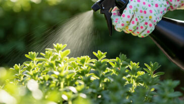 A close-up shot of a woman wearing gardening gloves, carefully misting a vibrant Ninja Goldfish Plant with a black spray bottle. Shallow depth of field.