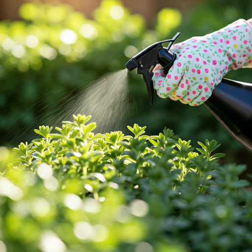 A close-up shot of a woman wearing gardening gloves, carefully misting a vibrant Ninja Goldfish Plant with a black spray bottle. Shallow depth of field.