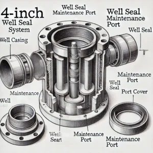  A detailed diagram of a 4-inch well seal maintenance port system, labeled components including a well casing, well seal, maintenance port, and port 